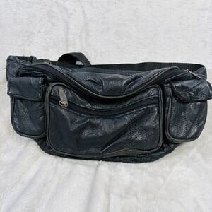 Tinder Black Leather Fanny Pack Multi Pocket Waist Bag Adjustable Strap Biker